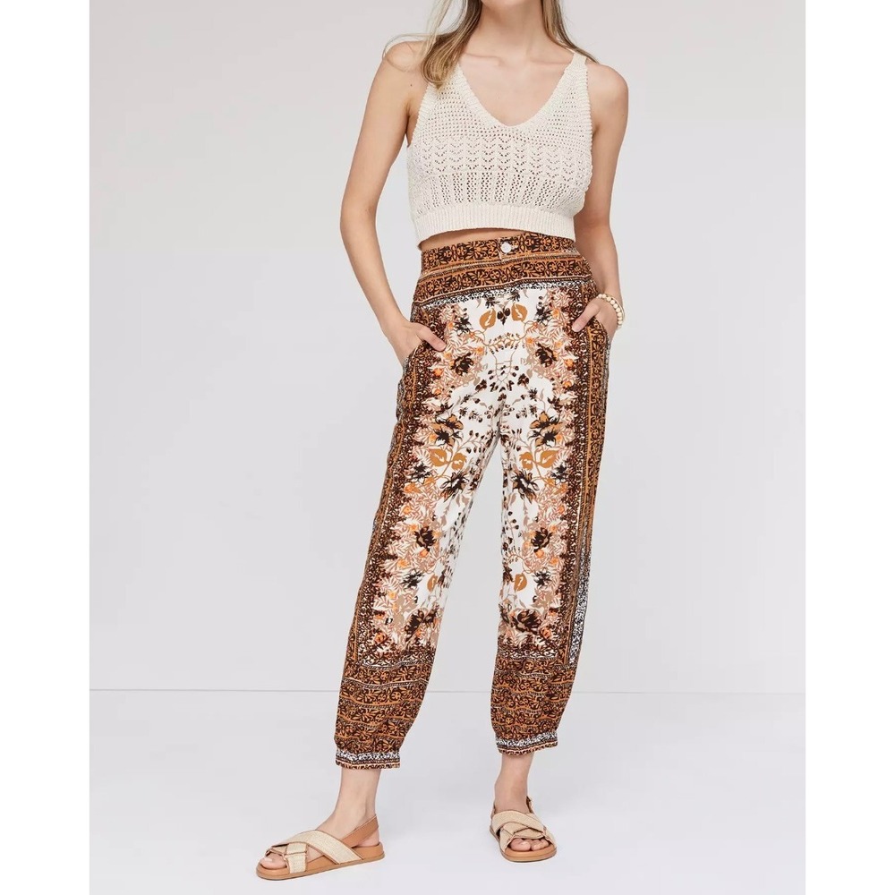 Anthropologie Linen Blend Printed Jogger Pants Boho Floral Brown Cream Size‎ 6